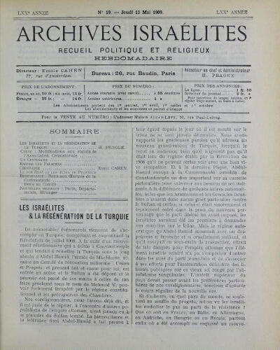 Archives israélites de France. Vol.70 N°19 (13 mai 1909)